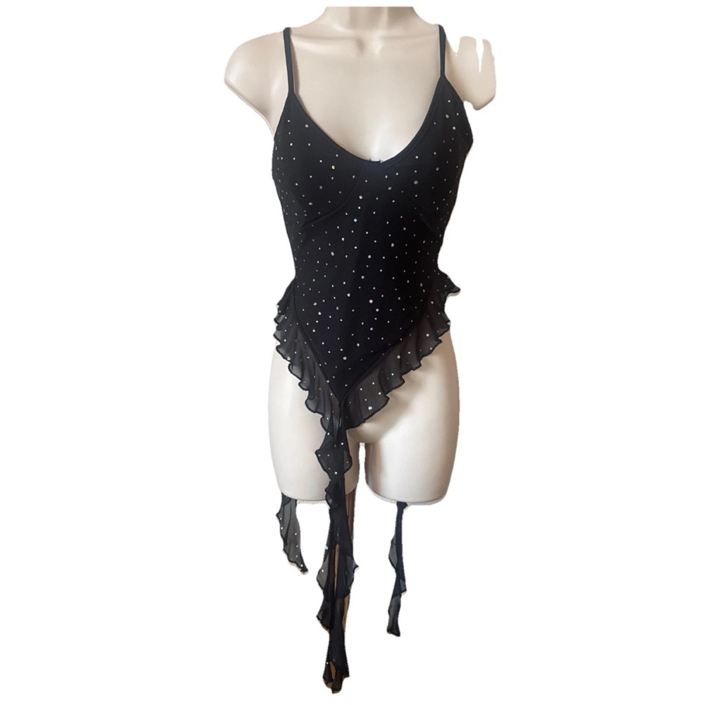 Elegant Black Women's Bodysuit with Ruffle Detail Size Large